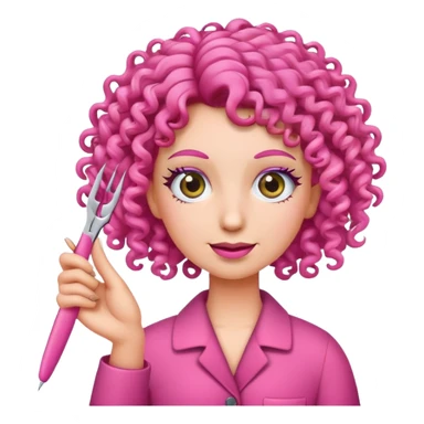 Create an emoji with pink curly hair holding lash tweezers with its hands  sticker