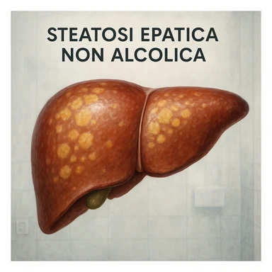 realistic illustration of an enlarged human liver with yellowish areas symbolizing fat accumulation, clinical background, Italian text 'Steatosi epatica non alcolica', 4K quality sticker