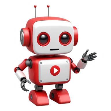 A cute 3D robot mascot icon with YouTube-style play button eyes and a speech bubble, red and white color scheme, friendly and approachable design, perfect for AI chat interface sticker