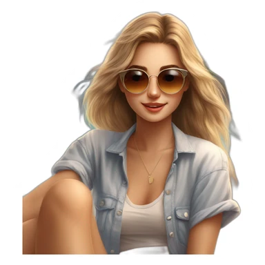 A real photo of a beautiful girl. 20 years old, sitting on the beach, looking at the camera. , wearing sunglasses, listening to music with hands-free, realistic, sticker