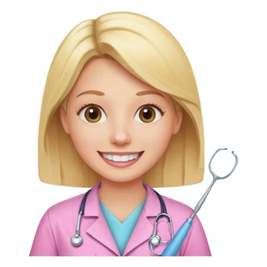 dentista mulher, loira, pele branca, camisa rosa, sorrindo transmitindo verdade e confiança sticker