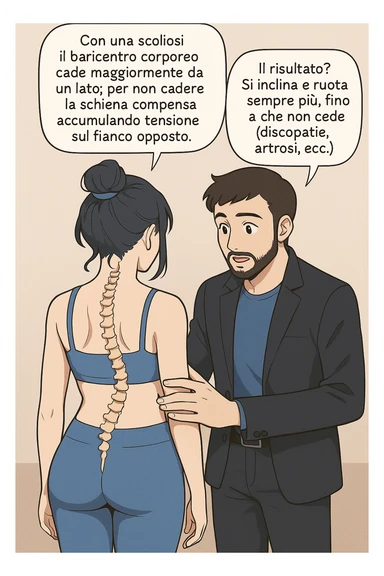 fai questa immagine in versione manga/webtoon a colori, il manga mostra la donna di spalle, mentre l'uomo le tocca la spina dorsale per spiegarle come funziona la scoliosi:
Con una scoliosi il baricentro corporeo cade maggiormente da un lato; per non cadere la schiena compensa accumulando tensione sul fianco opposto.
Il risultato? Si inclina e ruota sempre più, fino a che non cede (discopatie, artrosi, ecc) sticker