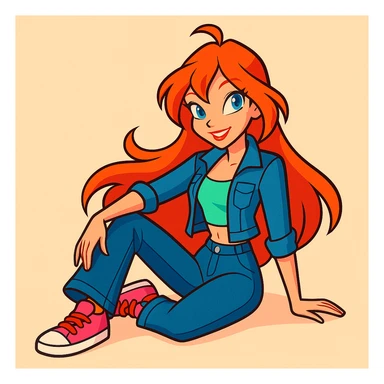 Bloom from Winx Club in casual clothes, relaxed pose, vibrant toon style, no fairy wings, modern fashion, friendly expression sticker