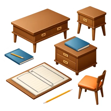 Icon for Furniture Design: a furniture drawing with 3D models of furniture pieces placed on top, accompanied by rulers and a pencil. The icon should represent the design process with focus on precision and modeling. Transparent background. sticker