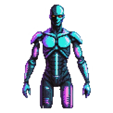 Pixelated future human with neon highlights, tech-enhanced body, and holographic elements sticker