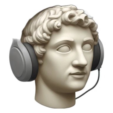 a Roman sculpture with headphones and coding sticker