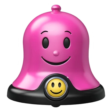 pink call bell with chrome knob on top and black base with smiley face on it sticker