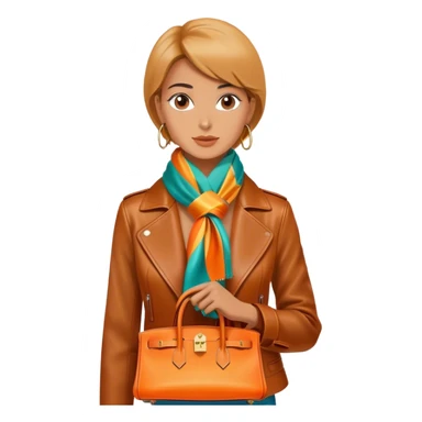 Elegant and tan woman wearing a leather Hermes jacket and a multicolored silk scarf around her neck. She has an orange Hermes Birkin Bag. I want the image to be close up, starting from the waist up.  sticker