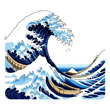 Cinematic Realistic Great Wave off Kanagawa, depicted as a colossal, crashing wave with dynamic blue hues and frothy white crests, rendered with intricate textures and fluid motion that captures both the timeless power and poetic beauty of the iconic Japanese artwork sticker