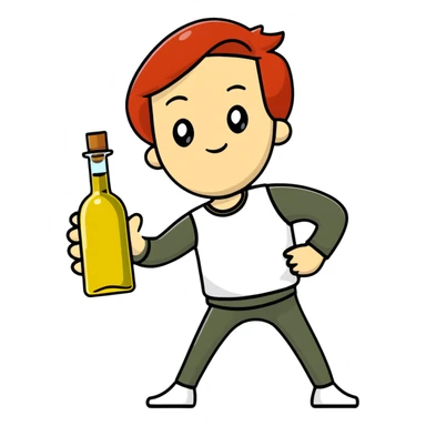 redhead person holding olive oil bottle like a pistol, action pose sticker