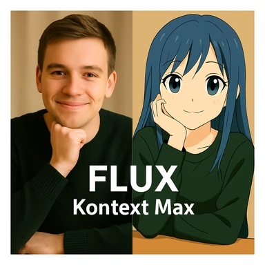 same similar image but chnage the text to "Flux Kontext Max", change people and pose too sticker