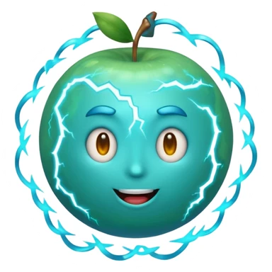 Uranus emoji in Apple style, blue-green planet with swirling rings, playful and excited face, bold lightning bolt, bursting with electric, chaotic energy sticker
