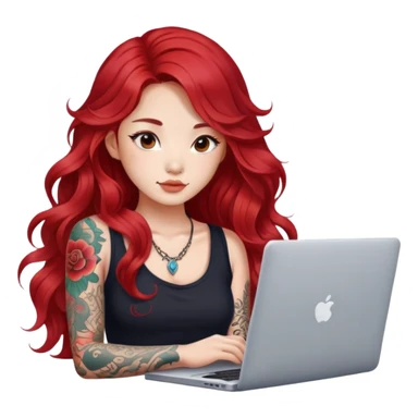 beautiful girl with tattoos, with long red hair, wavy hair, chinese, with laptop sticker