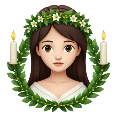  saint lucia with dark brown hair with a white gown and a wreath made from greenery and candles on top of it sticker