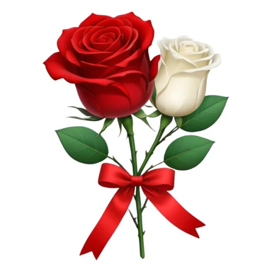 One red flower and one white flower in transparent bouquet with red band  sticker
