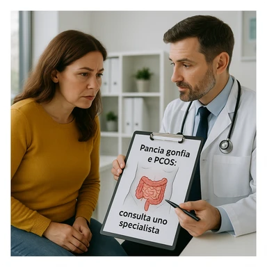 Donna seduta in uno studio medico, il medico le mostra un diagramma con la zona addominale evidenziata, espressione di attenzione, testo in italiano: 'Pancia gonfia e PCOS: consulta uno specialista', qualità 4K sticker