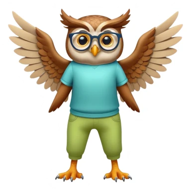 friendly anthropomorphised owl with wings instead of arms, colourful pants and shirt, wearing glasses, walking upright, unique pose 2 sticker