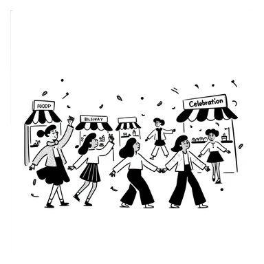 A lively festival celebration with people dancing, food stalls, and confetti sticker