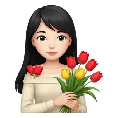 a girl with long black hair, thin bangs, black eyes, wearing a cream off-shoulder sweater, holding a bouquet of tulips, emoji style, with a gentle expression sticker
