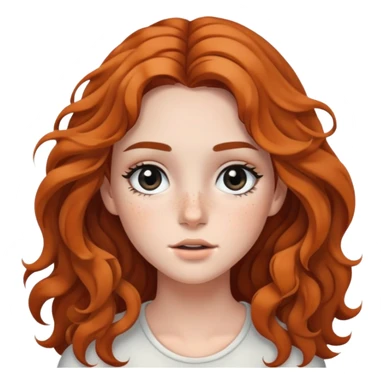 girl with wavy long hair, striking black eyes, subtle makeup, and scattered freckles sticker