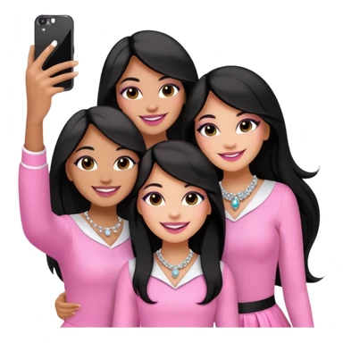 3 besties with professional glammed up looks wearing pink and white, medium skin tone smiling big with black long hair. Very girly wearing jewelry, taking a selfie  sticker