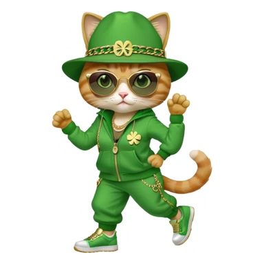 female cat in hip-hop Run DMC outfit, green tracksuit, fedora with shamrock, dark sunglasses, gold chains, bling accessories, St. Patrick's Day theme sticker
