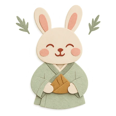 a small rabbit wearing light green Hanfu, holding a light brown zongzi, smiling with eyes closed, with faint mugwort leaves floating in the background, Chinese style, soft color tones, paper craft style sticker
