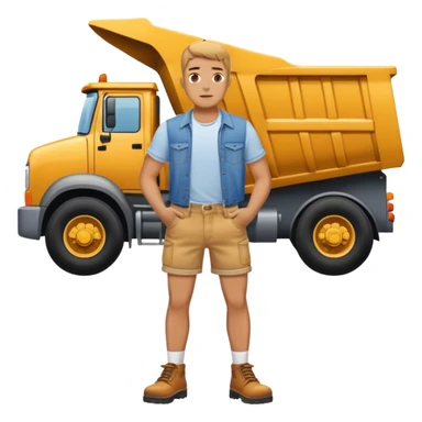 Man with extremely small denim shorts standing in front of a dump truck  sticker