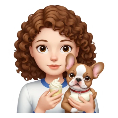  girl with brown curly hair holding cream colored french bulldog  sticker