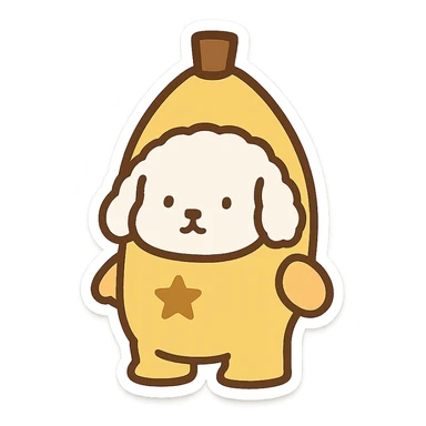 Transform the image into a WhatsApp sticker by removing the background and leaving only the dog dressed as a banana. Add a thick white border around the dog to create a prominent sticker effect, emphasizing the outline clearly. sticker