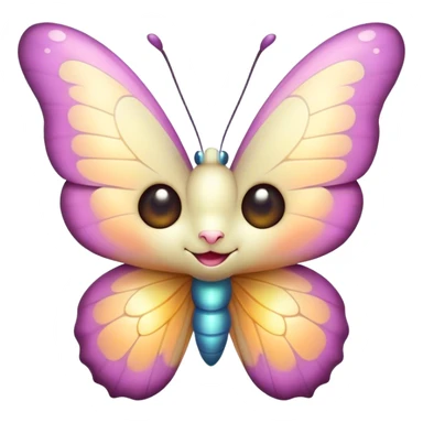Cinematic Cute Butterfly Portrait Emoji, Head tilted playfully and inquisitively, featuring a charming, petite form with intricately detailed, softly tinted wings and round, sparkling eyes full of gentle wonder, Simplified yet irresistibly adorable features, highly detailed, glowing with a warm, inviting pastel glow, high shine, affectionate and lively, stylized with a touch of whimsical garden charm, soft glowing outline, capturing the essence of a mischievous butterfly that seems as if it could dance out of the screen into your arms! sticker