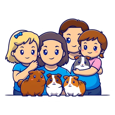 Family portrait with father with dark brown hair and blue eyes, mother with light brown hair and blue eyes, three blonde little girls with blue eyes, plus a grey cat and two guinea pigs sticker