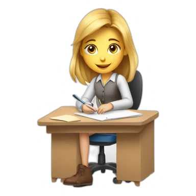 White Smart girl doing Homework on a desk writing on a pice of paper sticker