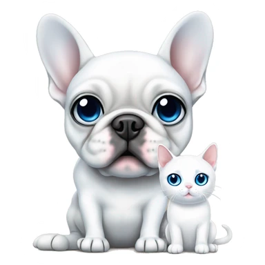 White French bulldog with blue eyes and a white cat with blue eyes sitting together sticker