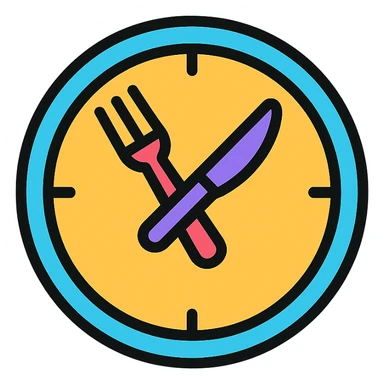 meal time icon, clock with utensils as hands, flat color, modern icon style sticker