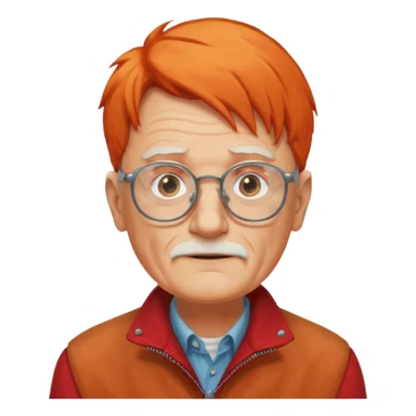 old man, orange hair, no mustache, wearing glasses, long face, wearing a red jacket sticker