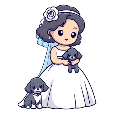 A beautiful girl with long black hair in a wedding dress holds a small gray poodle sticker