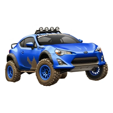 Dirty raced jacked 2013 scion fr-s ultramarine off road 4wd monster Baja dessert stadium rock racer number 86 with long travel suspension, shiny silver wheels, exaggerated wide black fender flares  sticker