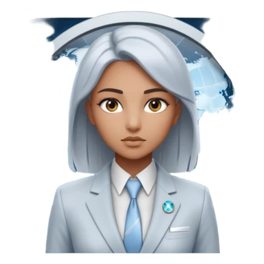 Artemis, A sleek female avatar with a focused, forensic gaze, wearing a minimalist white and silver tailored suit accented with moonlight blue. She is analyzing a transparent holographic interface displaying complex global sovereign credit data. sticker