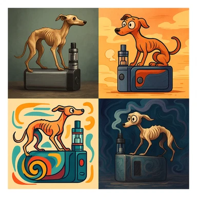 thin dog with visible ribs riding on a vape device, diverse artistic styles sticker