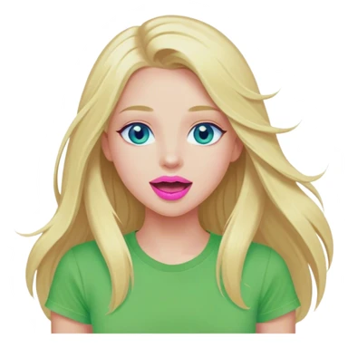 Cinematic realistic blonde with long hair, blue eyes and pink lips, dressed in a green T-shirt, rejoices sticker