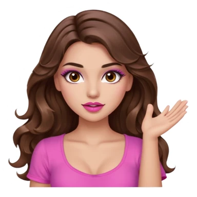 girl with long wavy brown hair, brown eyes, long lashes makeup, sexy pink lips, light to medium complexion, pink sexy top,slapping sticker