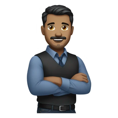  emoji of a man with short dark hair, clean-shaven, goatee and mustache.  wearing a formal button-up dark blue shirt, black pants, and a belt. smiling  with a smartwatch on his wrist.  resemble professional attire. smaller eyes  sticker