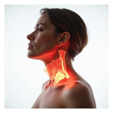 woman with non-functioning thyroid, thyroid highlighted in red and transparent to show internal anatomy, focus on neck, hyperrealism, 4K, white background sticker