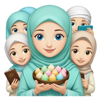 Turkish beautiful finish Konya girl blue eyes with mint hijab islamic dress and had on her hand text Eid Mubarak with sweets and celebrating with her friends eid days   sticker