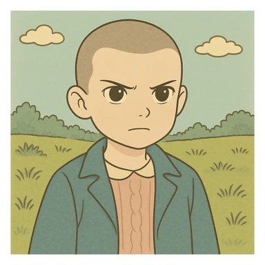 Variation of Eleven with shaved hair, serious expression, simple and delicate line art as in the reference drawing, colored in pastel tones, thick and dark contours, Ghibli style, 1:1 format, expression determined. sticker