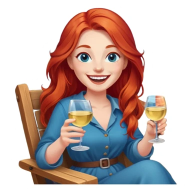 Laughing woman with long red hair and blue eyes holding white wine sitting in chair beside campfire sticker