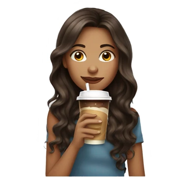 girl with long wavy dark brown hair with highlights drinking iced coffe sticker