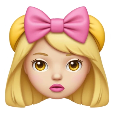 Pouting yellow face emoji with pink bow on head sticker