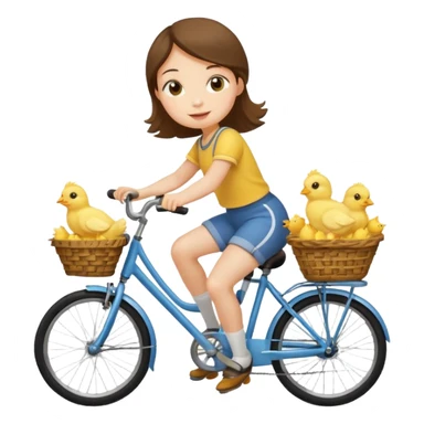A flat toon cartoon girl riding a bicycle with a basket full of baby chicks, 1:1 square ratio. sticker